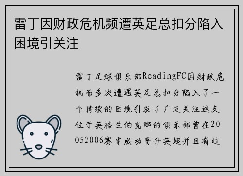 雷丁因财政危机频遭英足总扣分陷入困境引关注 雷丁因财政危机频遭英足总扣分陷入困境引关注